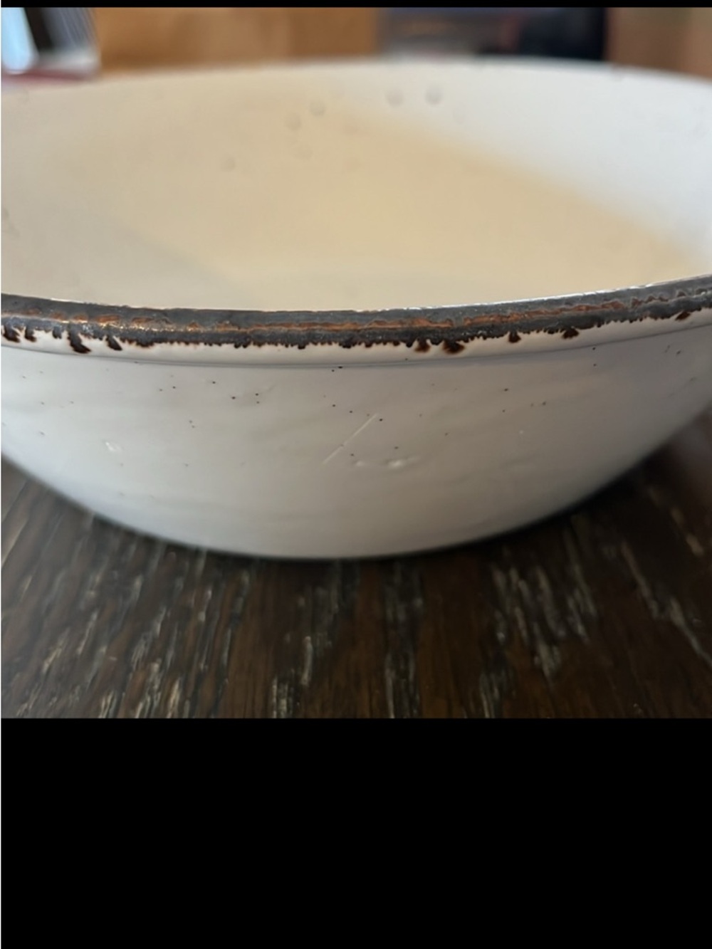 Cream Ceramic Decorative Bowl with Distressed Brown Rim
